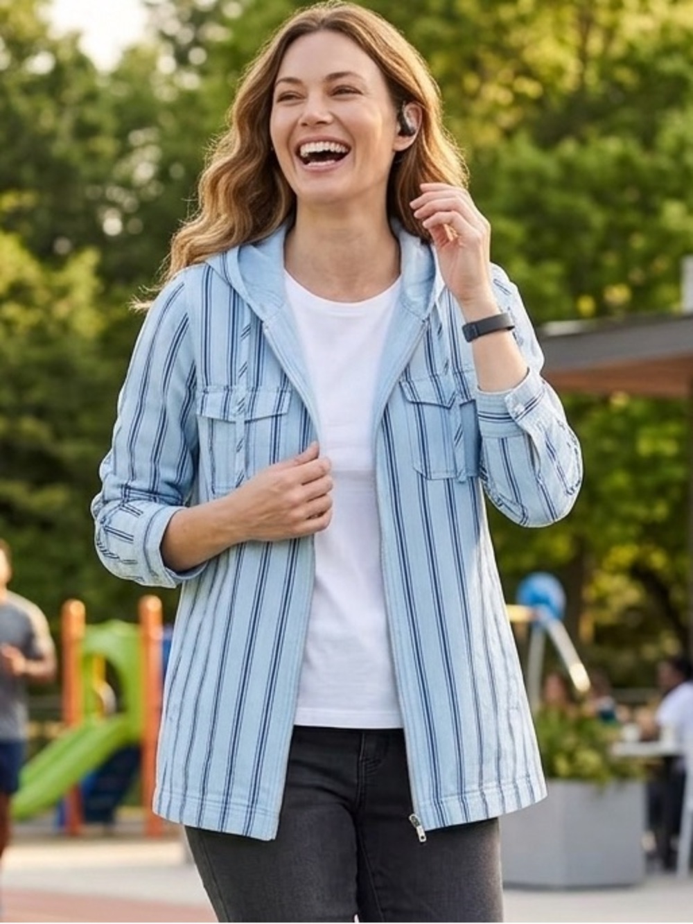 Denim&Co Light Blue Striped Hooded Jacket - Women's Denim size Medium